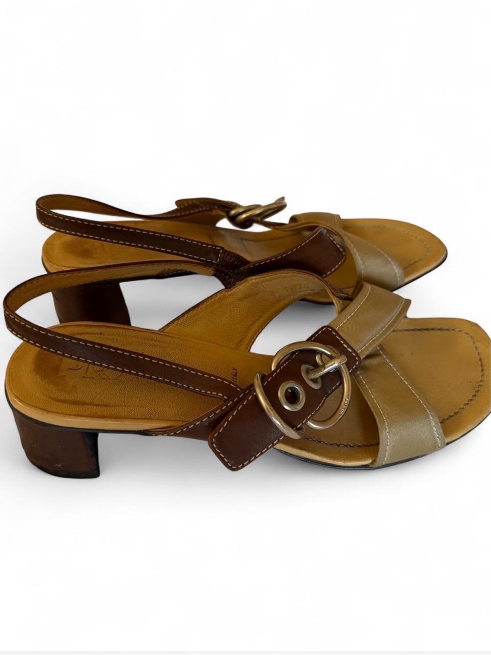 Prada women's Two-Tone Tan Slingback Heeled Sandals